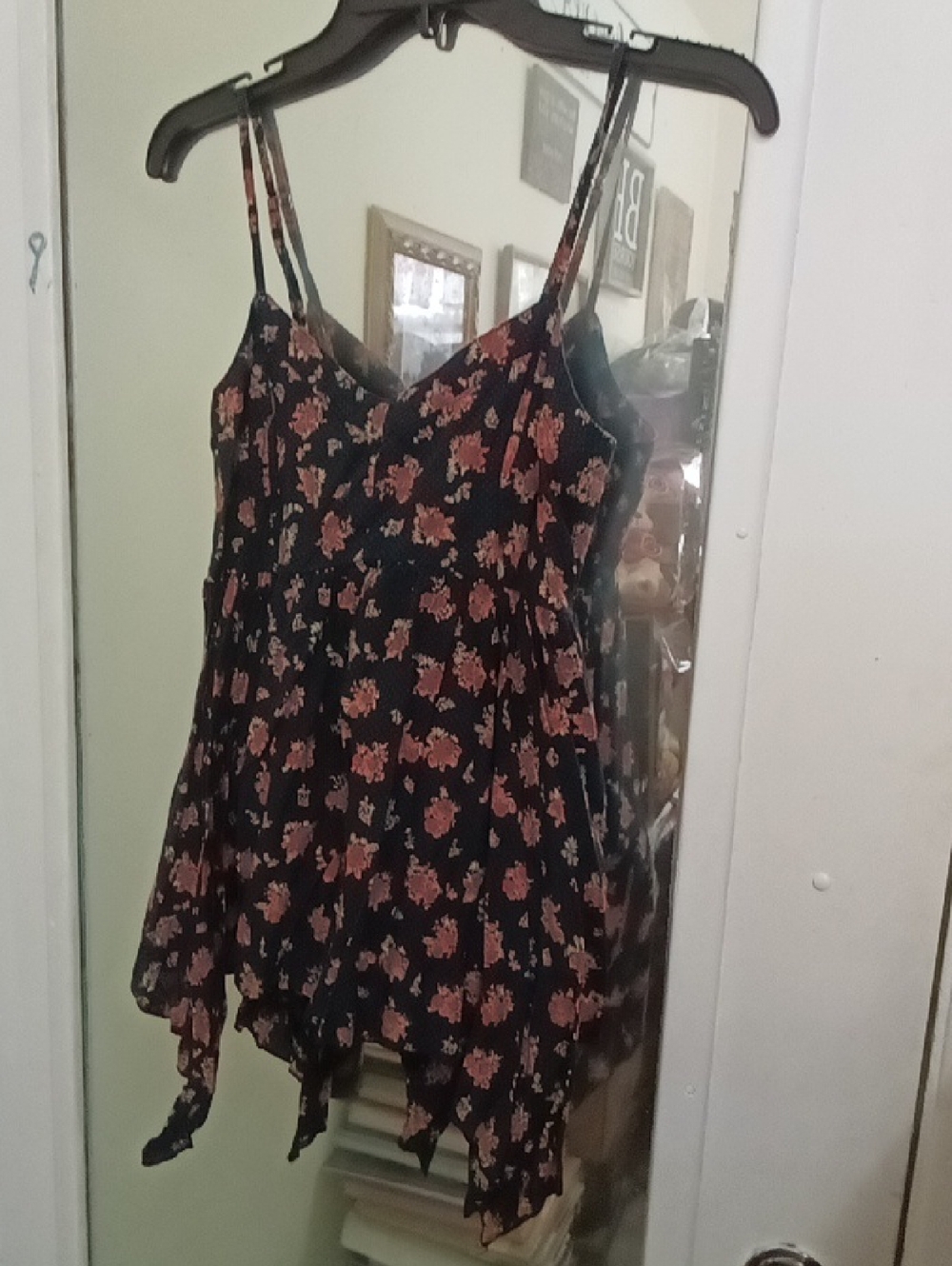 Women's Floral Spaghetti Strap Handkerchief Hem Top - Black with Pink Floral